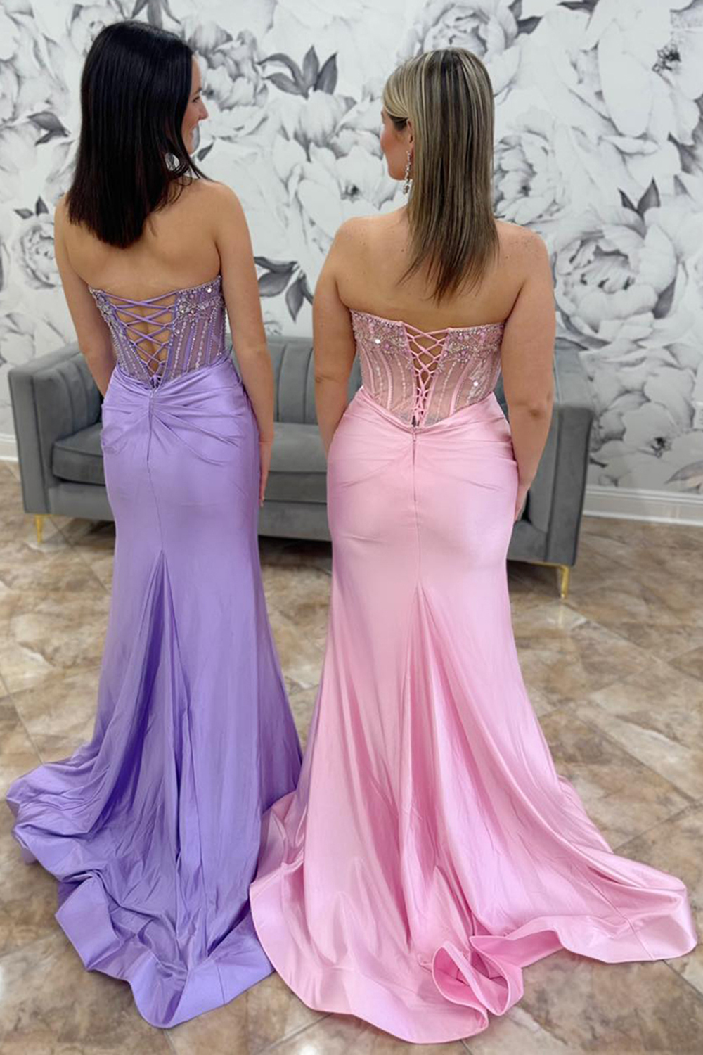 Long Beaded Corset Prom Dress in Dusty Blue Mermaid Satin with Sparkly Slit