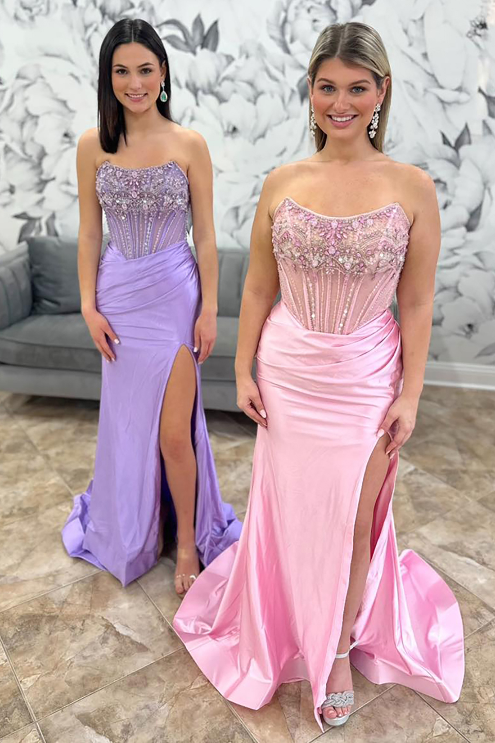 Long Beaded Corset Prom Dress in Dusty Blue Mermaid Satin with Sparkly Slit