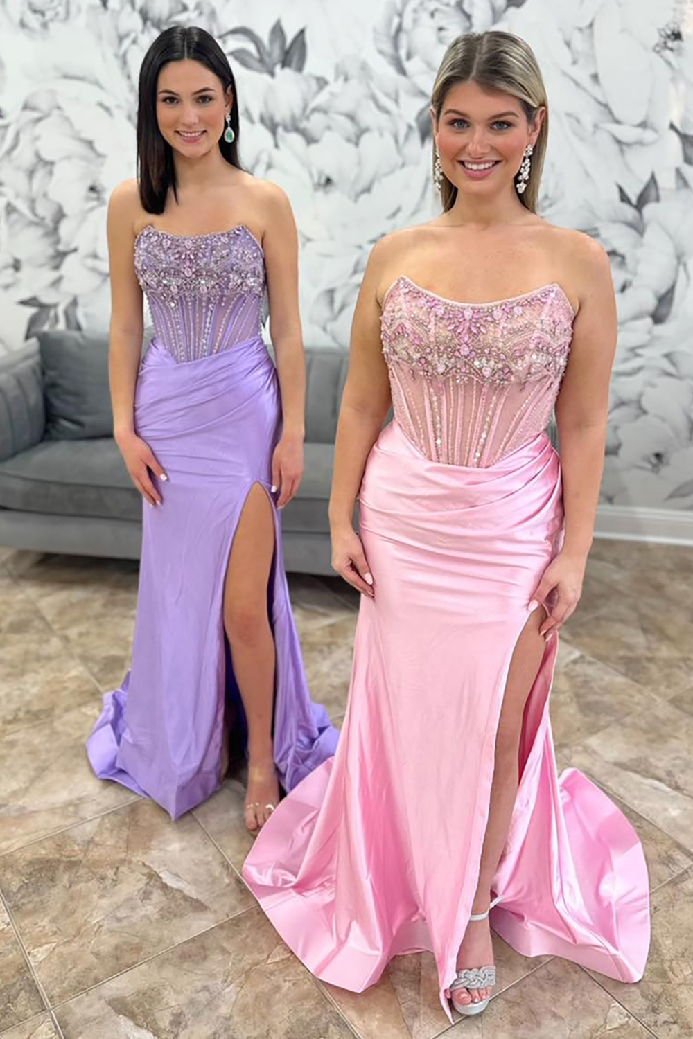 Long Beaded Corset Prom Dress in Dusty Blue Mermaid Satin with Sparkly Slit