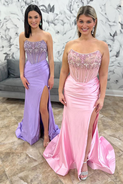 Long Beaded Corset Prom Dress in Dusty Blue Mermaid Satin with Sparkly Slit