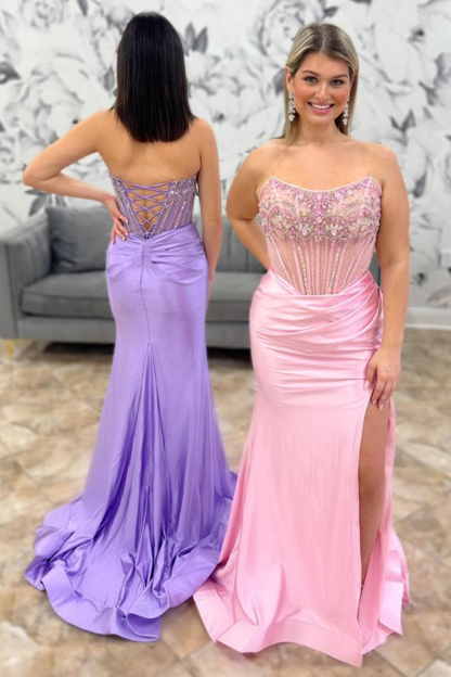 Long Beaded Corset Prom Dress in Dusty Blue Mermaid Satin with Sparkly Slit