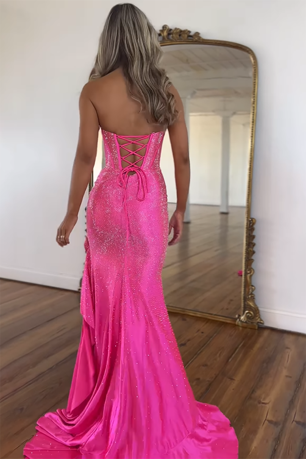 Long Beaded Orange Mermaid Prom Dress with Sparkly Ruffles and Strapless Corset