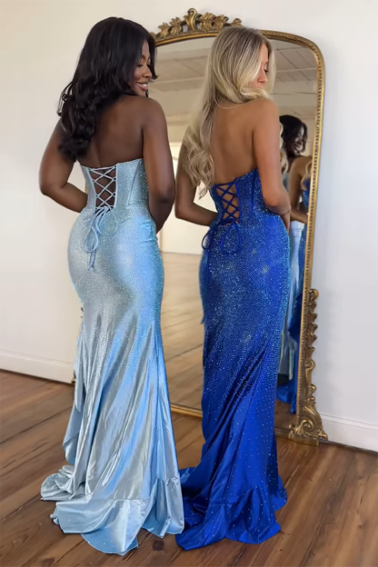Long Strapless Dark Blue Beaded Corset Prom Dress with Sparkly Slit