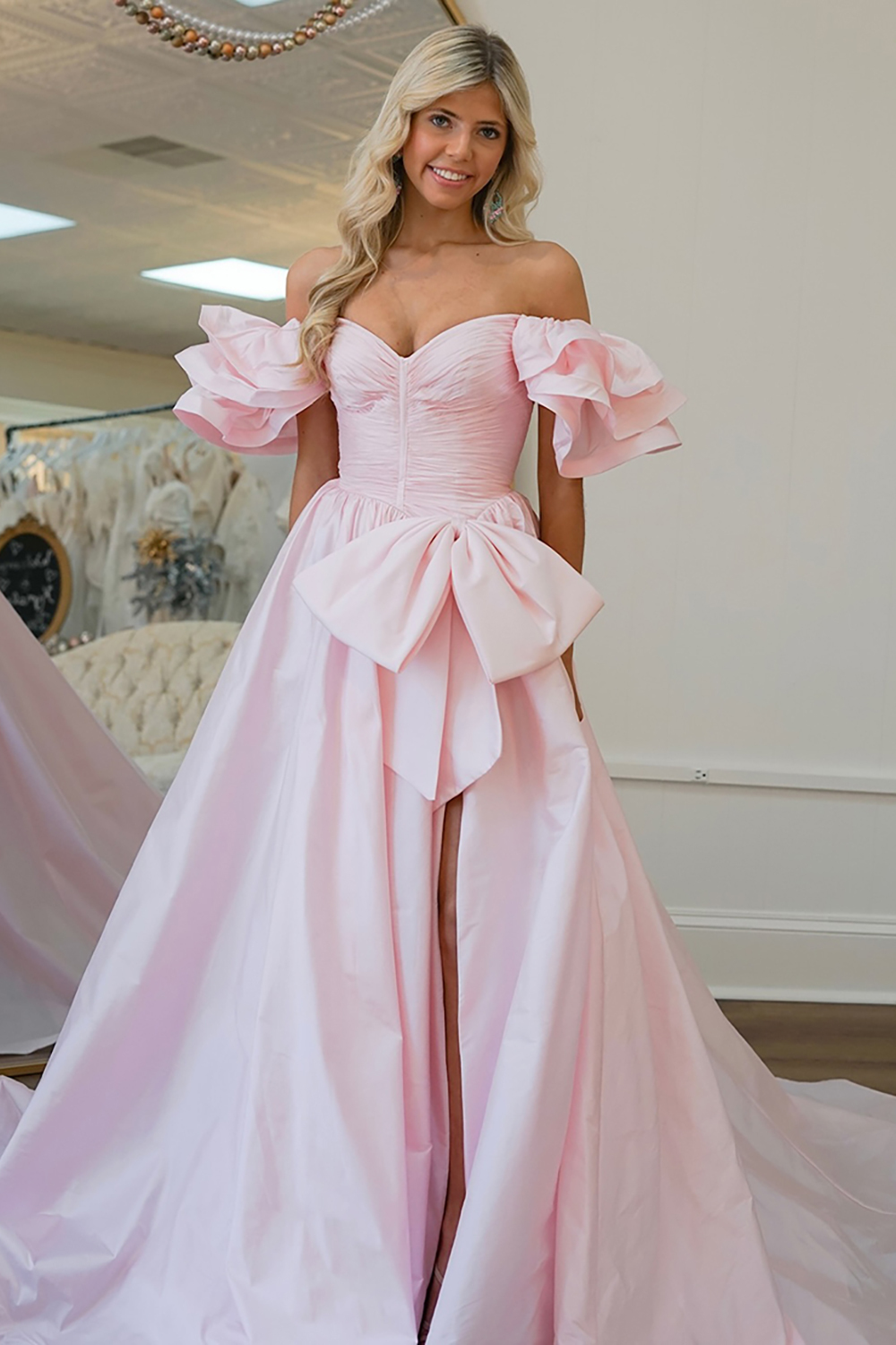 Long Prom Dress with Light Pink Ruffles Puff Sleeves and a Princess Bow