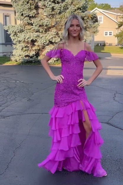 Long Black Chiffon Prom Dress with Cold Shoulder and Tiered Mermaid Hem Embellished with Appliques