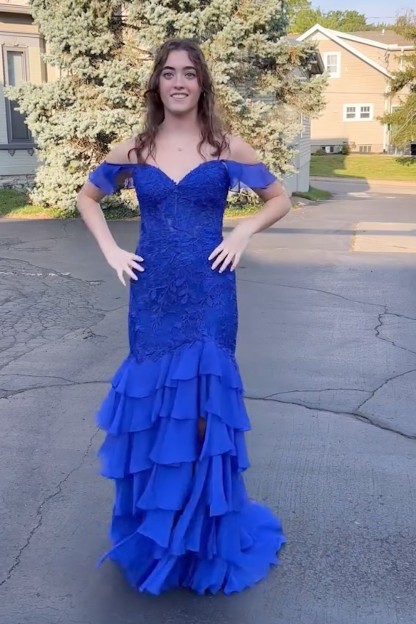 Long Black Chiffon Prom Dress with Cold Shoulder and Tiered Mermaid Hem Embellished with Appliques