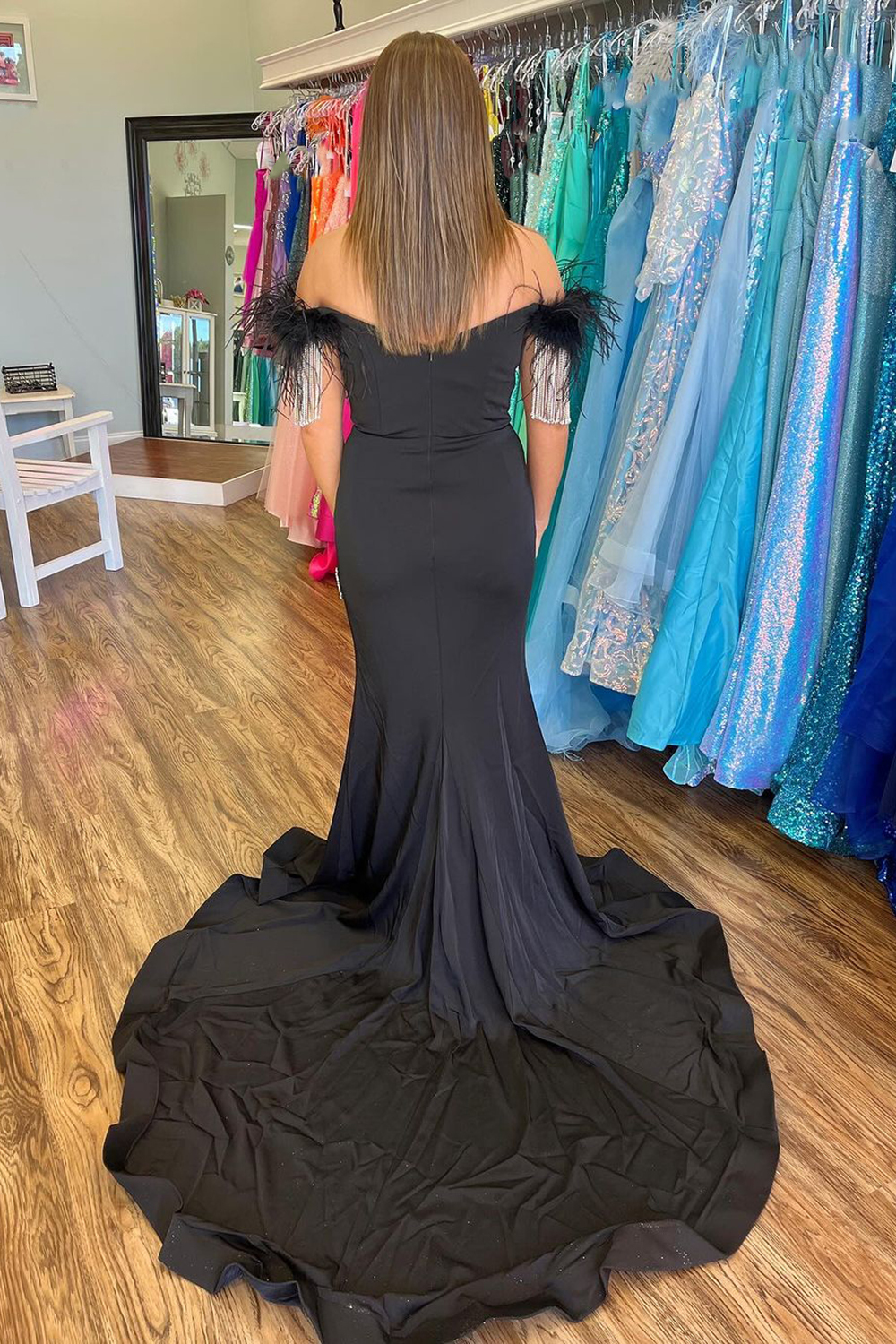 Long Black Satin Mermaid Prom Dress with Sequins Off the Shoulder