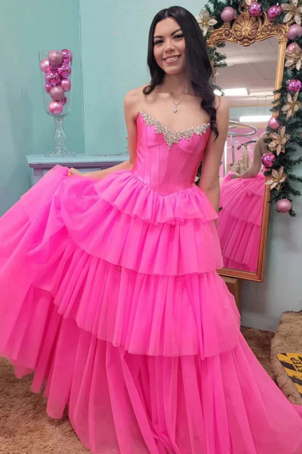 Fuchsia A-Line Off-Shoulder Long Corset Prom Dress with Tiered Tulle and Slit