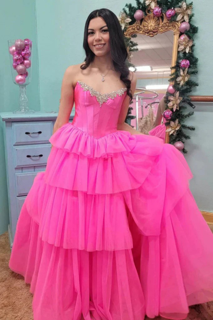 Fuchsia A-Line Off-Shoulder Long Corset Prom Dress with Tiered Tulle and Slit
