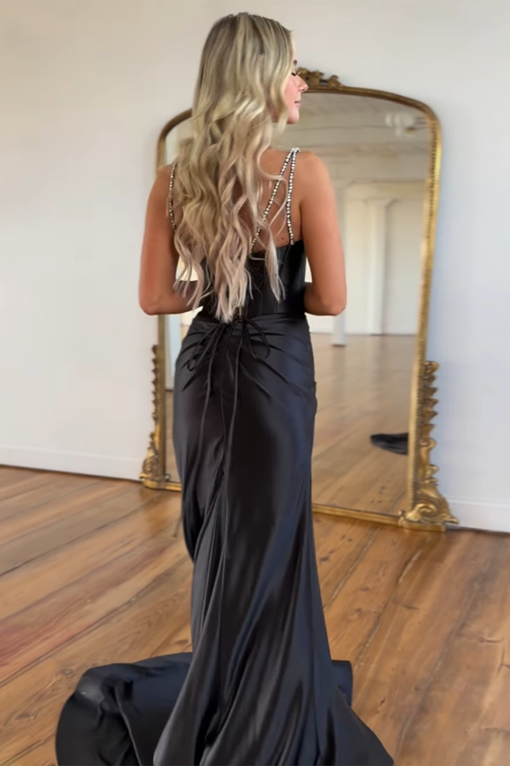 Long Grey Satin Corset Prom Dress with Beaded Details and Slit