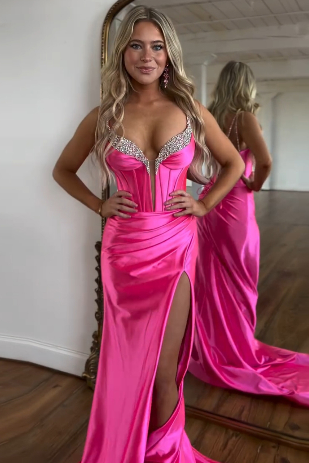 Long Grey Satin Corset Prom Dress with Beaded Details and Slit