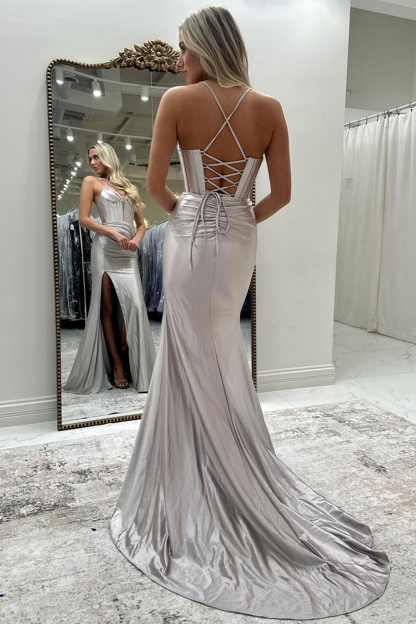 Long Grey Satin Corset Prom Dress with Beaded Details and Slit