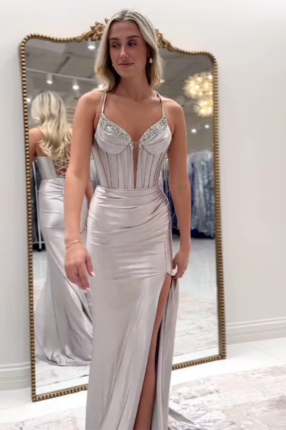 Long Grey Satin Corset Prom Dress with Beaded Details and Slit