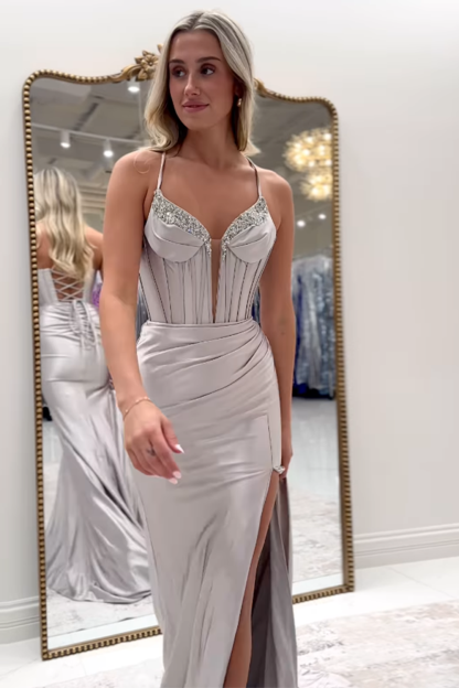 Long Grey Satin Corset Prom Dress with Beaded Details and Slit
