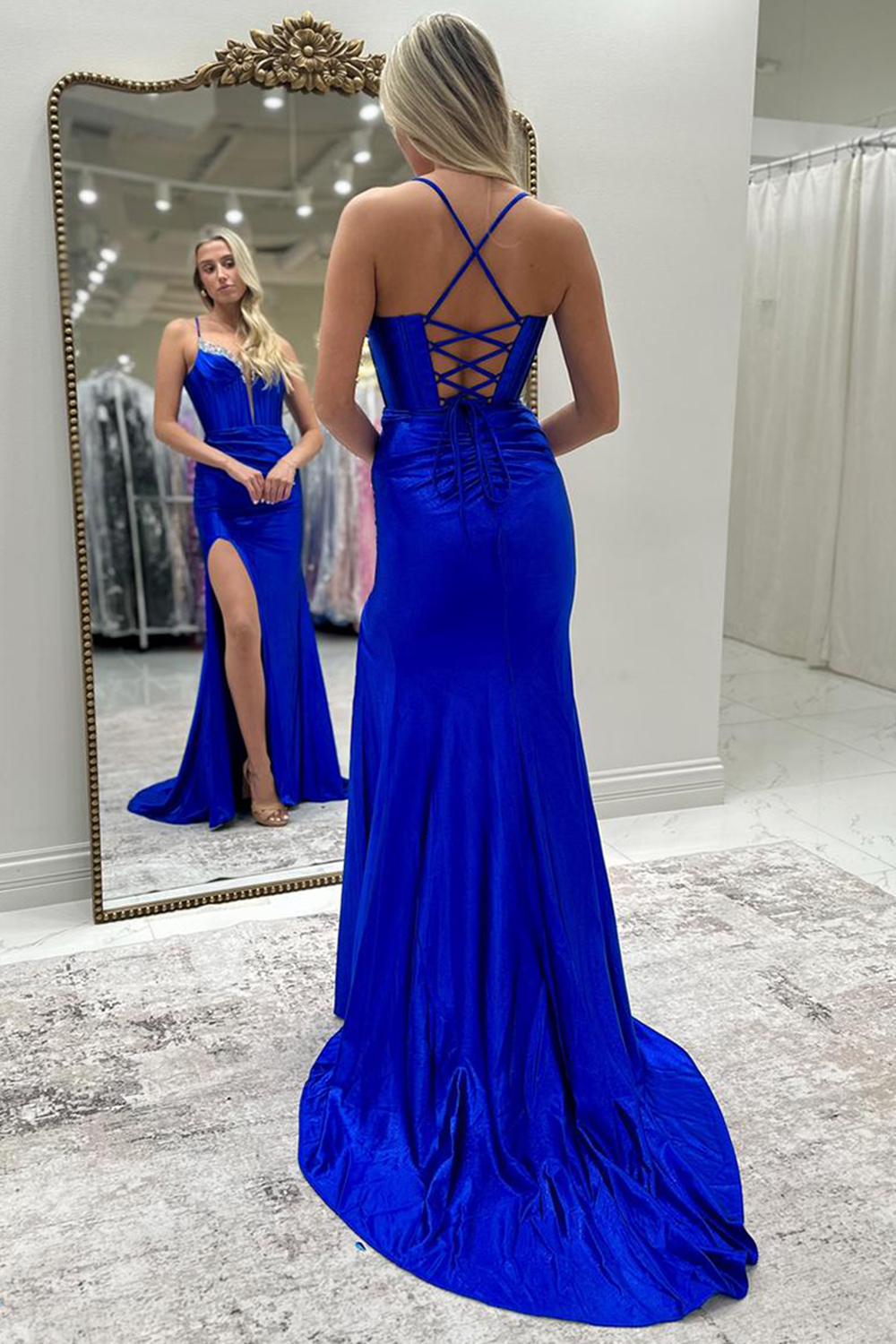 Long Grey Satin Corset Prom Dress with Beaded Details and Slit