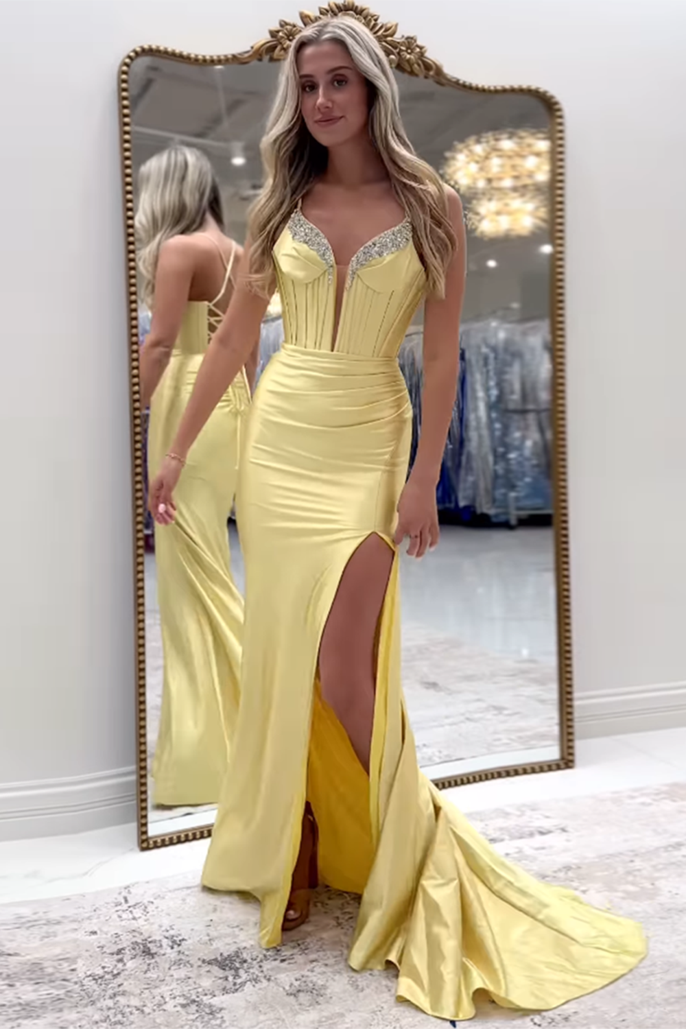 Long Grey Satin Corset Prom Dress with Beaded Details and Slit