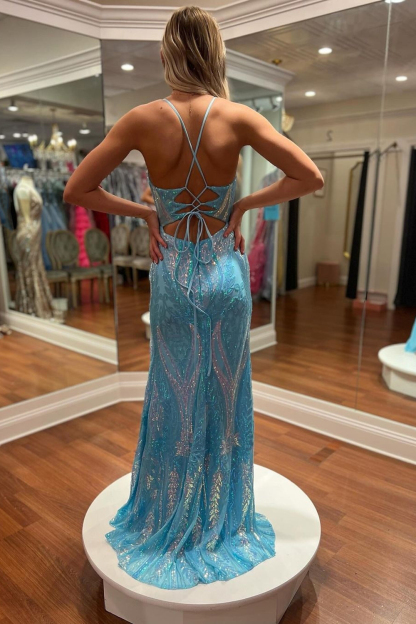 Long Mermaid Prom Dress with Sparkly Blue Sequins and Spaghetti Straps Featuring a Slit