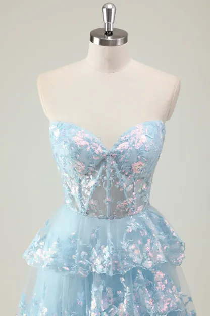 Sweetheart A-Line Corset Prom Dress with Sparkly Blue Sequins Ruffles and Slit