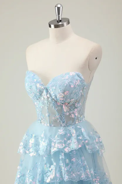 Sweetheart A-Line Corset Prom Dress with Sparkly Blue Sequins Ruffles and Slit