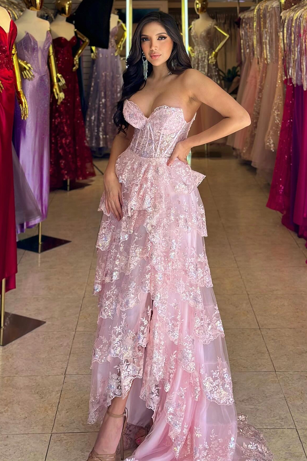 Sweetheart A-Line Corset Prom Dress with Sparkly Blue Sequins Ruffles and Slit