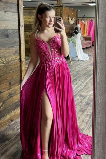 Fuchsia Sparkle Corset Prom Dress with Pleated A-Line Hem and Spaghetti Straps
