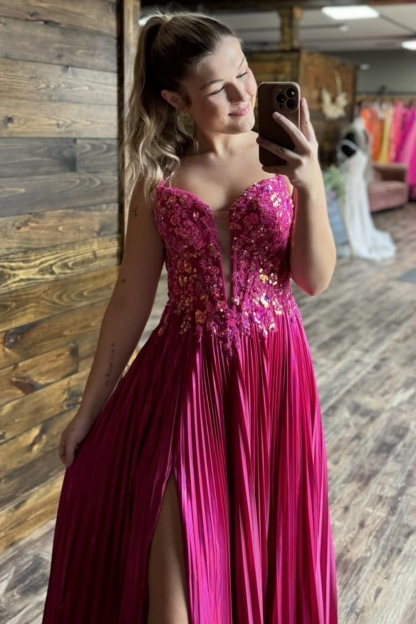 Fuchsia Sparkle Corset Prom Dress with Pleated A-Line Hem and Spaghetti Straps