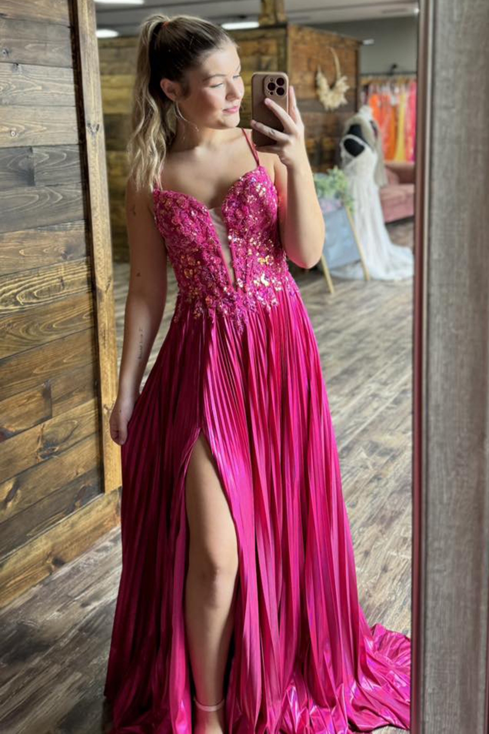 Fuchsia Sparkle Corset Prom Dress with Pleated A-Line Hem and Spaghetti Straps