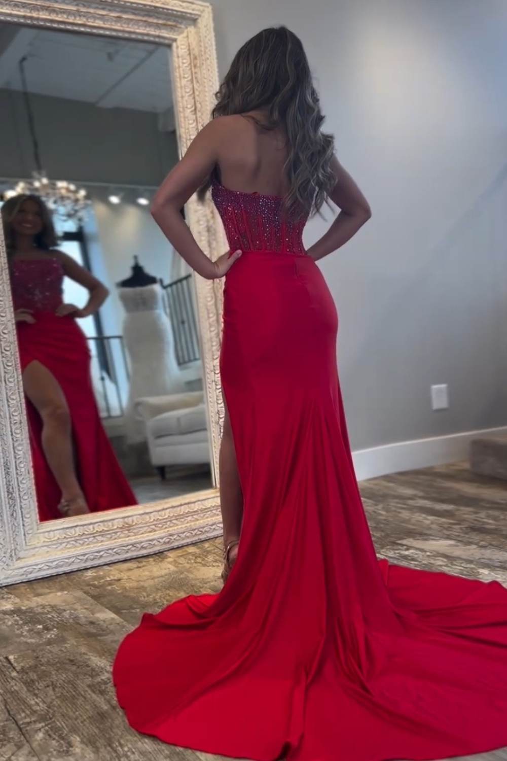 Long Beaded Red Prom Dress with Sparkly Strapless Mermaid Silhouette and Slit
