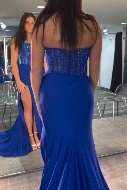 Long Beaded Red Prom Dress with Sparkly Strapless Mermaid Silhouette and Slit