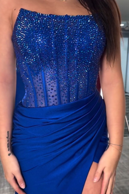 Long Beaded Red Prom Dress with Sparkly Strapless Mermaid Silhouette and Slit