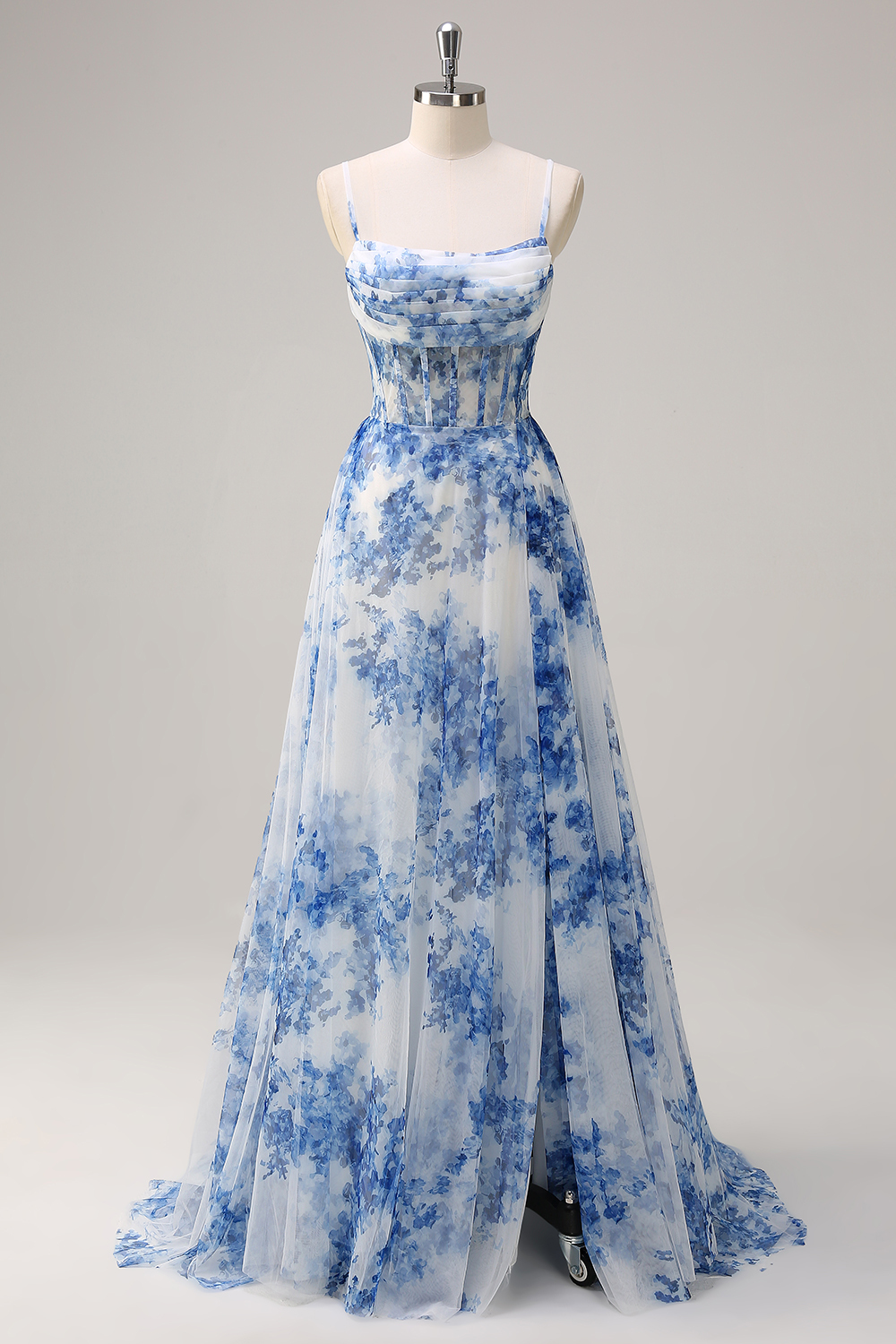Long Chiffon Prom Dress with White Blue Flower Print Corset & A-Line Slit