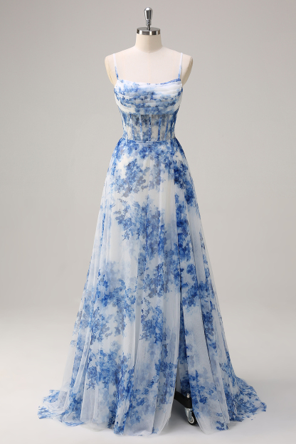 Long Chiffon Prom Dress with White Blue Flower Print Corset & A-Line Slit