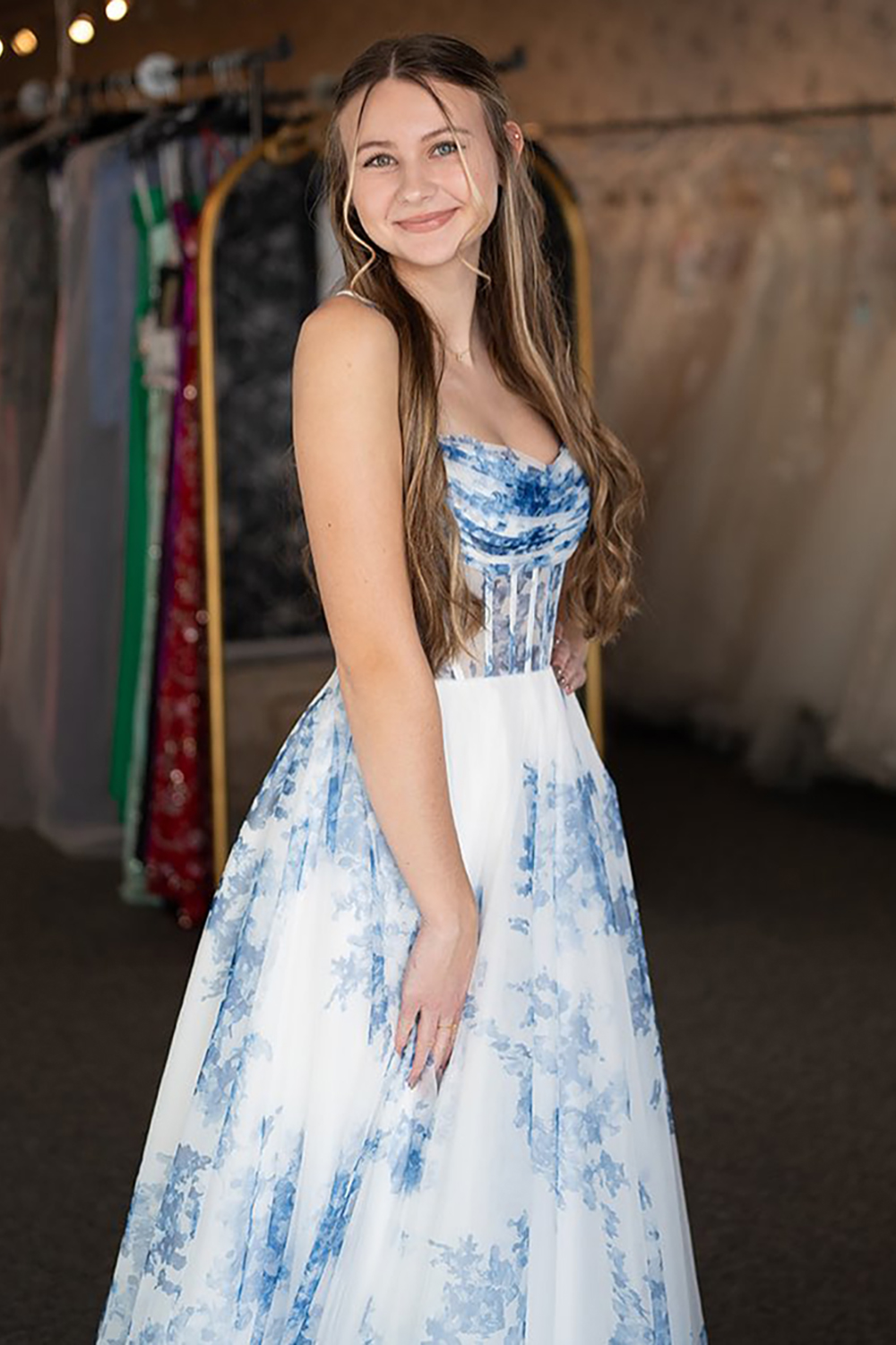 Long Chiffon Prom Dress with White Blue Flower Print Corset & A-Line Slit