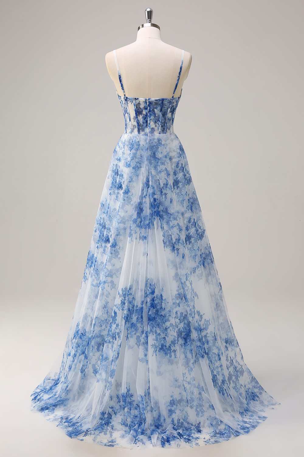 Long Chiffon Prom Dress with White Blue Flower Print Corset & A-Line Slit