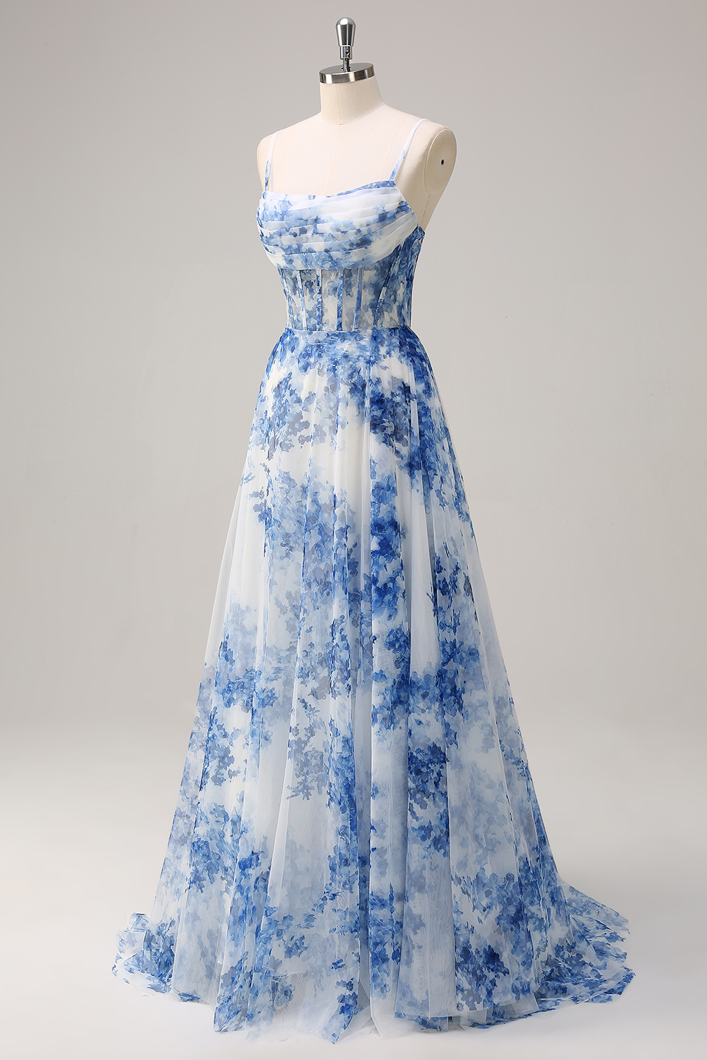 Long Chiffon Prom Dress with White Blue Flower Print Corset & A-Line Slit