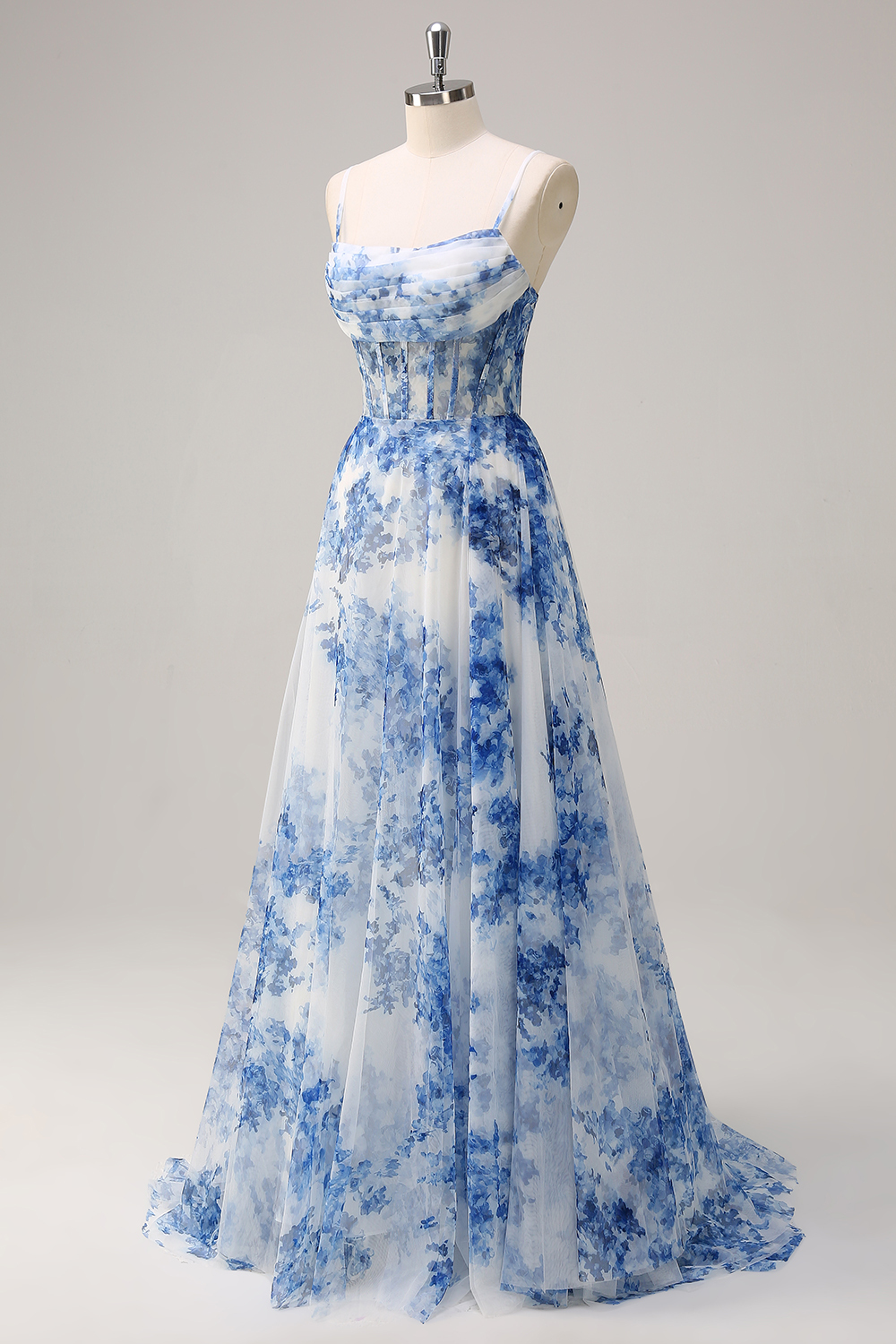 Long Chiffon Prom Dress with White Blue Flower Print Corset & A-Line Slit
