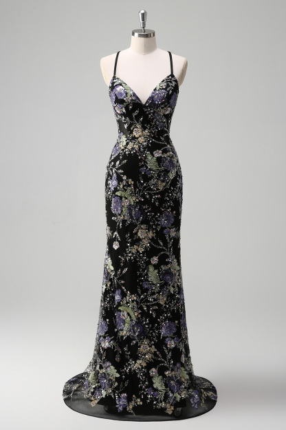 Navy Glitter Mermaid Prom Dress with Appliques and Spaghetti Straps