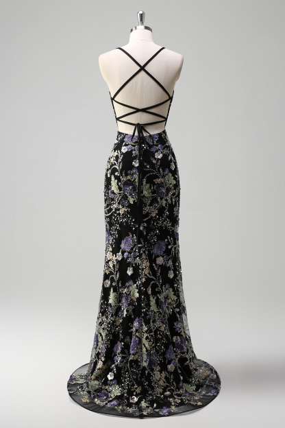 Navy Glitter Mermaid Prom Dress with Appliques and Spaghetti Straps