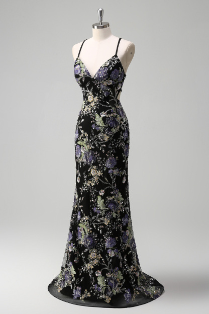 Navy Glitter Mermaid Prom Dress with Appliques and Spaghetti Straps