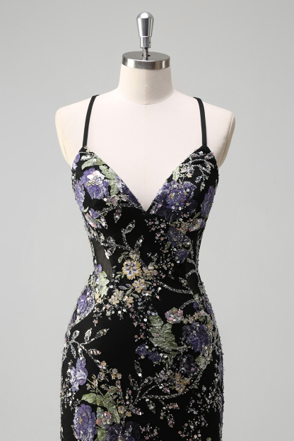 Navy Glitter Mermaid Prom Dress with Appliques and Spaghetti Straps