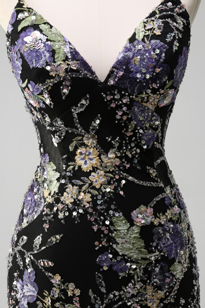 Navy Glitter Mermaid Prom Dress with Appliques and Spaghetti Straps