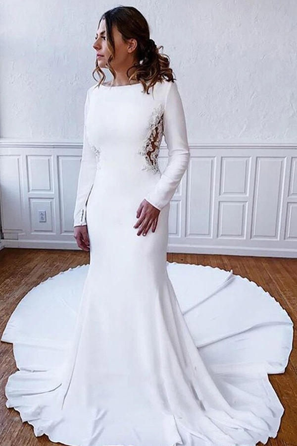 Stylish Illusion Lace Back Sheath Long Sleeves Wedding Dress with Appliques