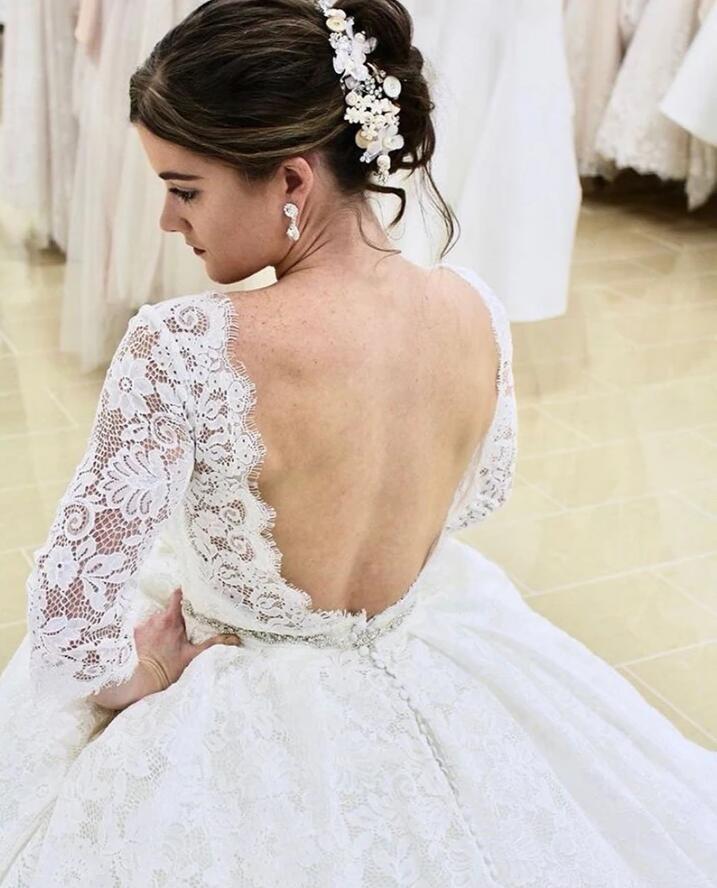 Modest Backless Long Lace A-Line Wedding Dress with Sleeves