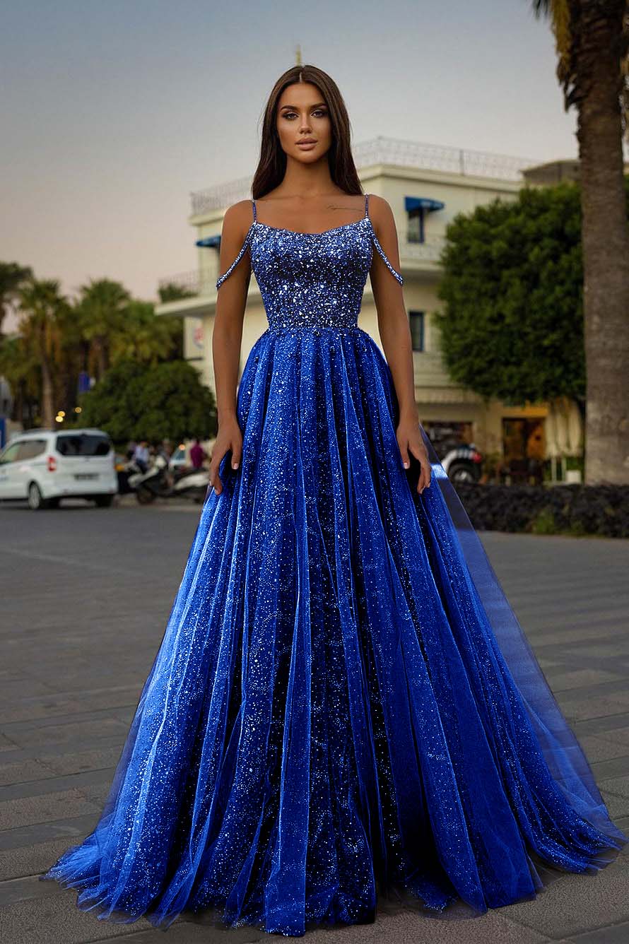 Tulle Spaghetti Strap Sleeveless A Line Long Formal Dress With Sequins Beads