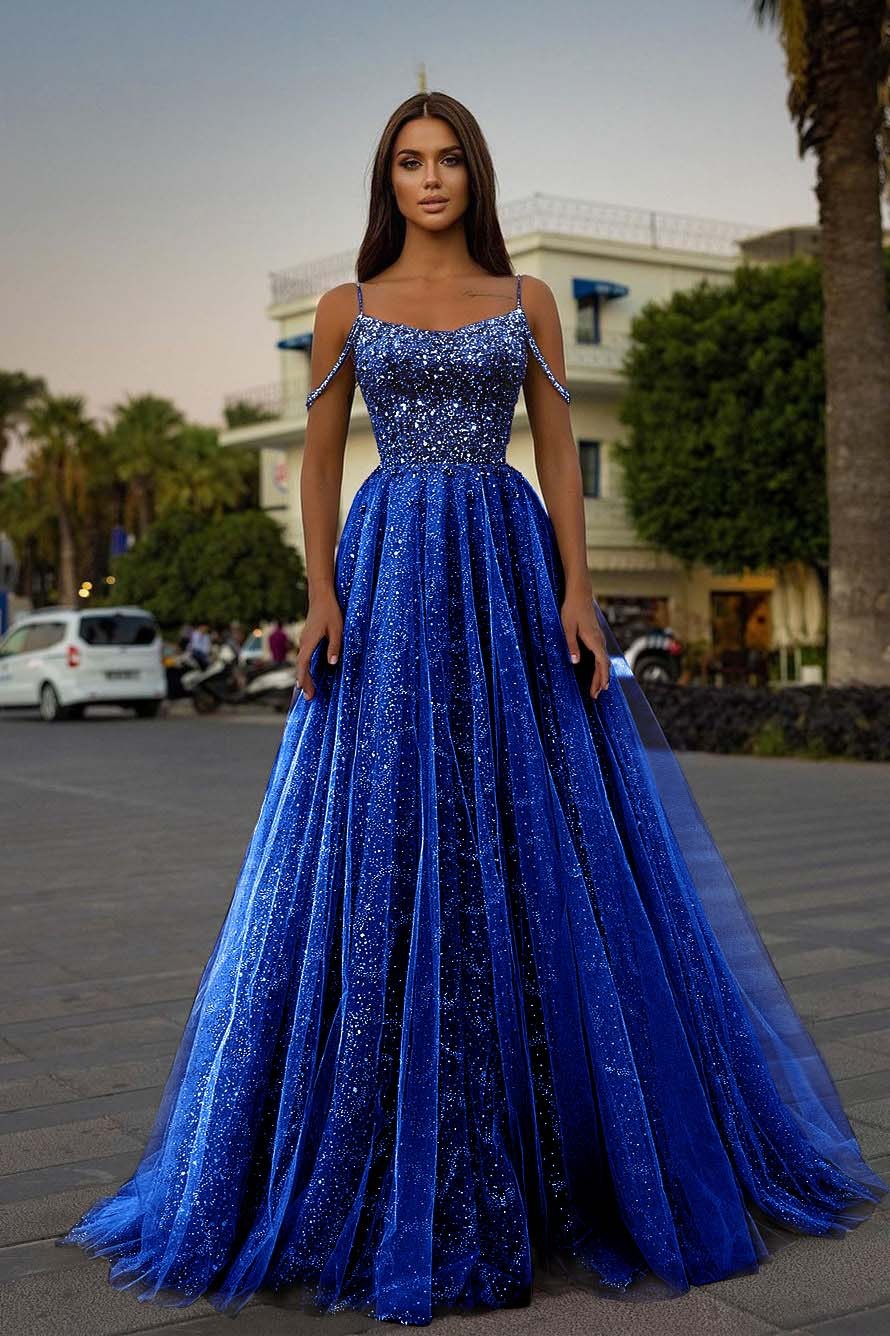 Tulle Spaghetti Strap Sleeveless A Line Long Formal Dress With Sequins Beads