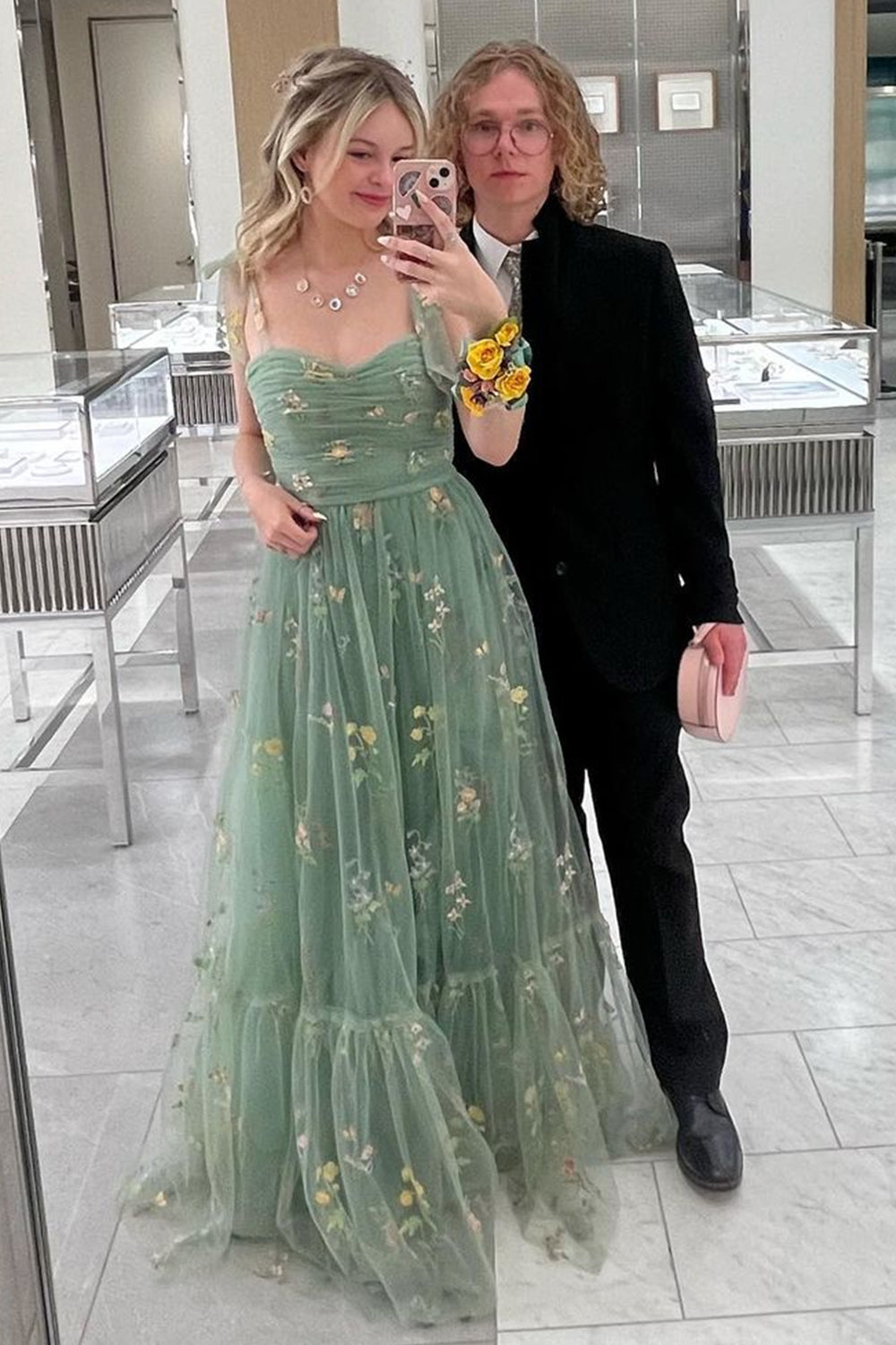 Long Green Prom Dress with Spaghetti Straps and Embroidery in A-Line Style