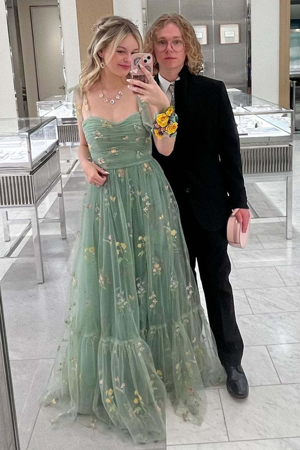 Long Green Prom Dress with Spaghetti Straps and Embroidery in A-Line Style