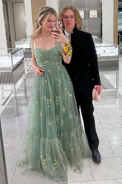 Long Green Prom Dress with Spaghetti Straps and Embroidery in A-Line Style