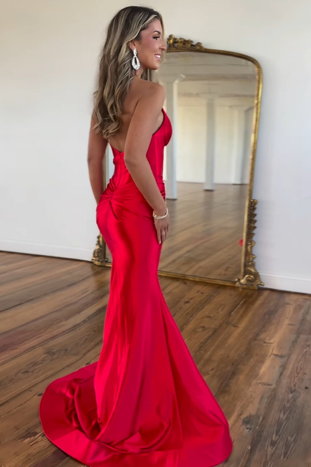 Long Navy Satin Mermaid Prom Dress with Halter Neck and Corset Slit