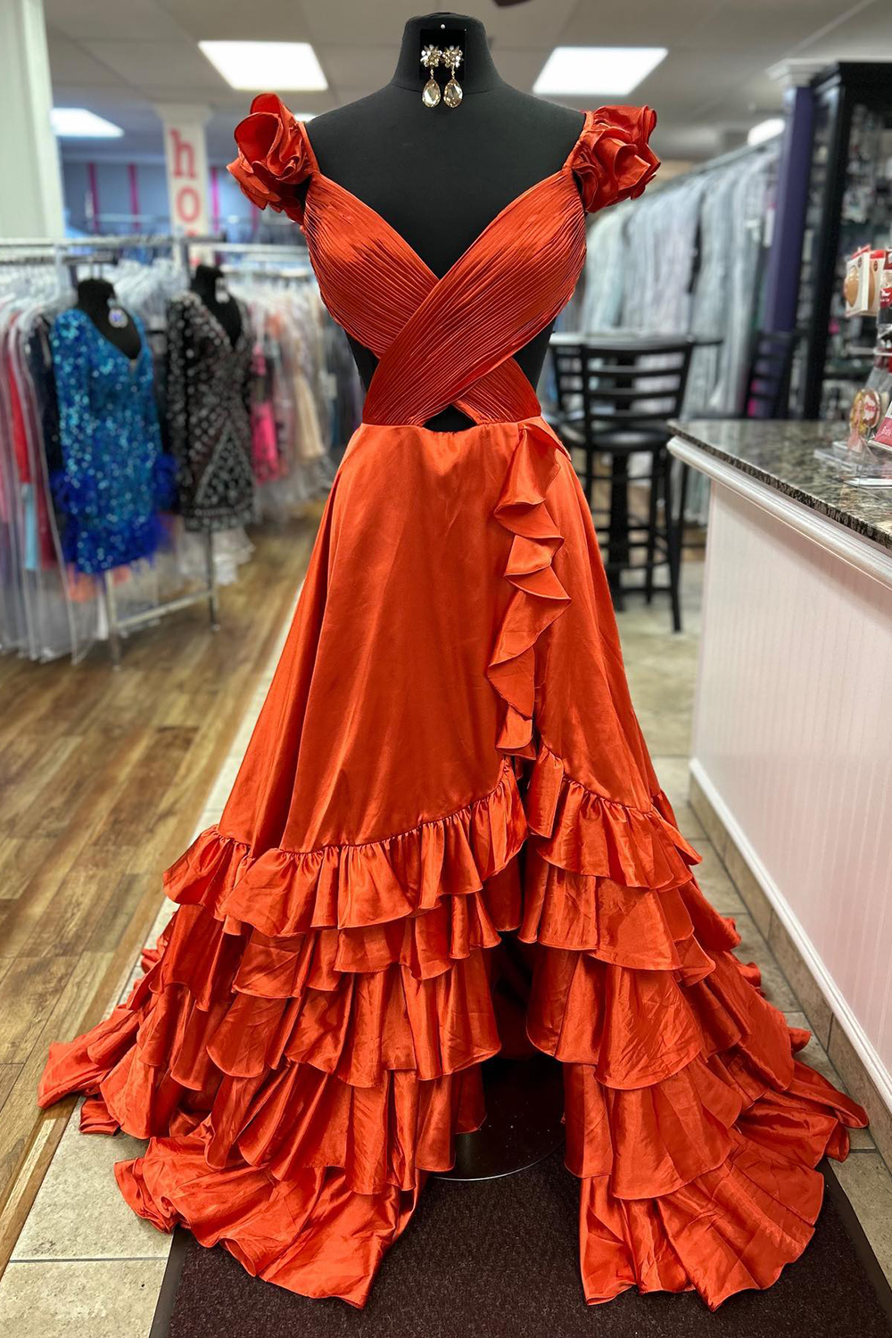 Long Red Prom Dress with V-Neck A-Line Cut Satin Fabric and Tiered Ruffles